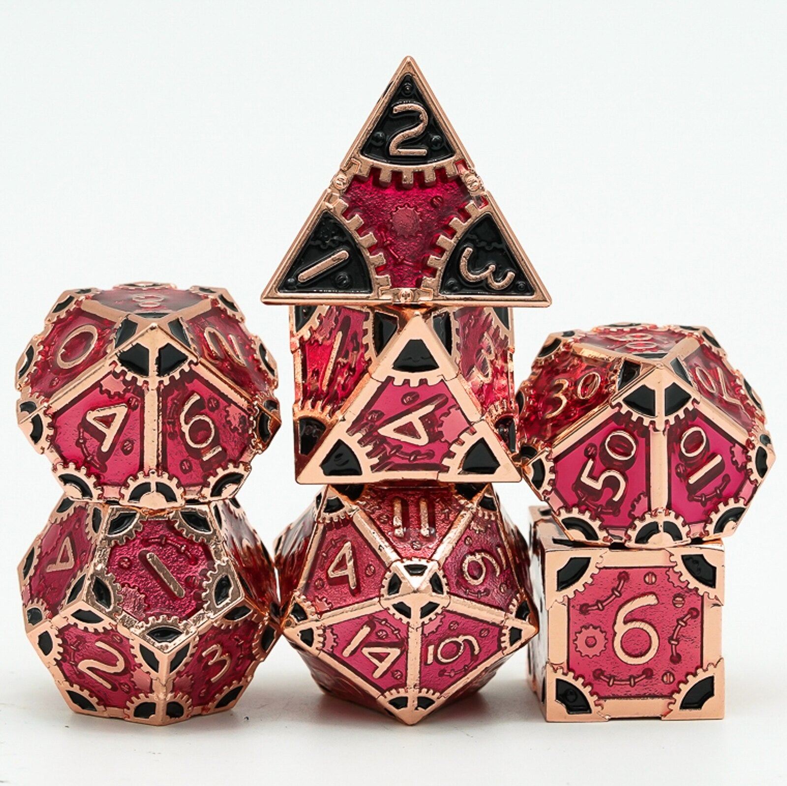 Dark red metal steampunk dice set
