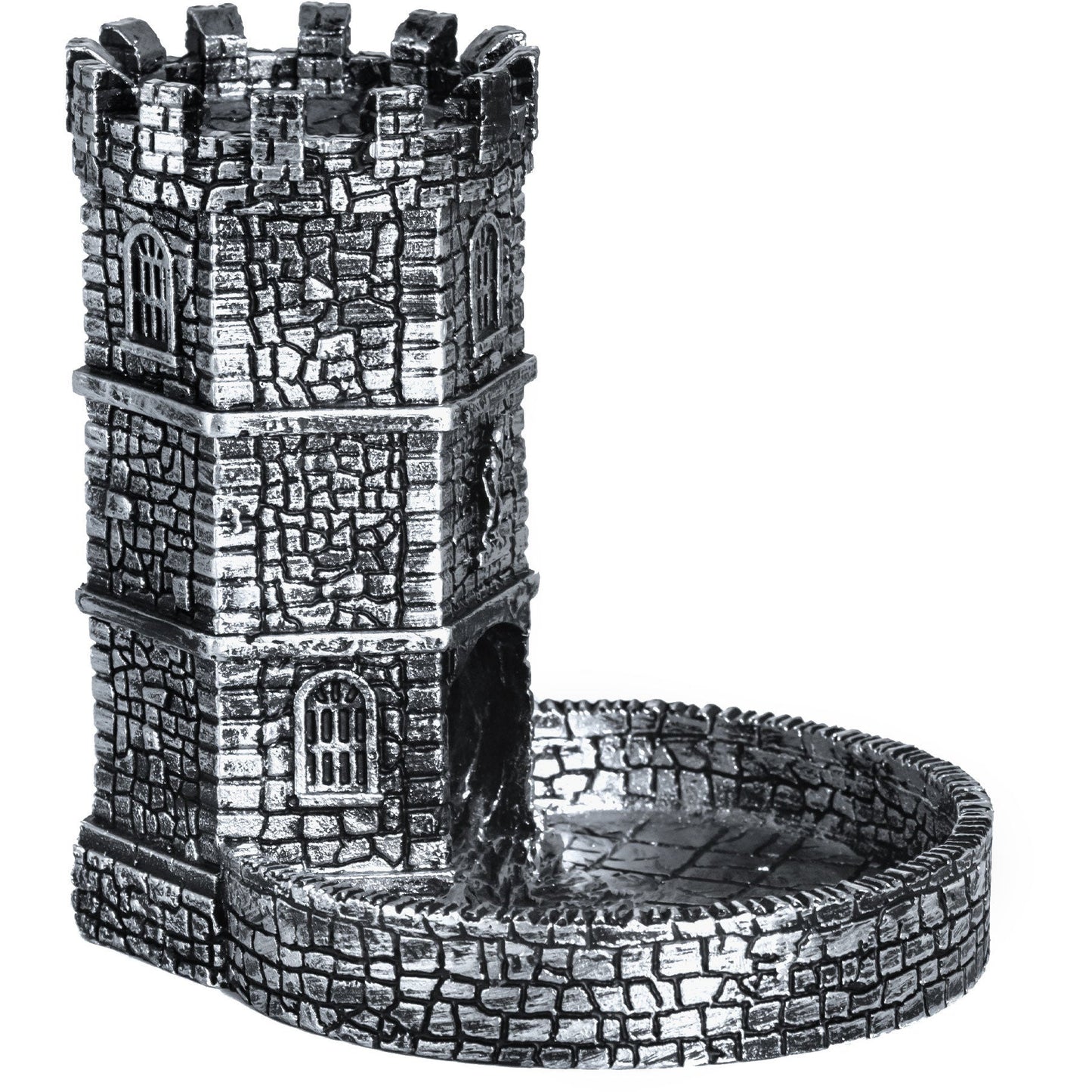 shining grey wizard dice tower on white background
