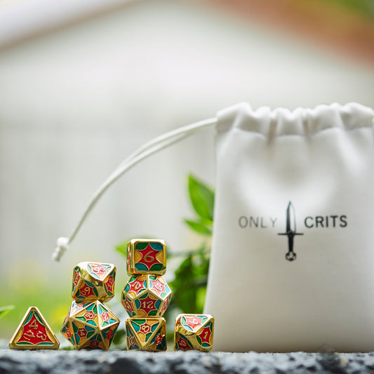 Jester Chroma metal dice set with free dice bag in background