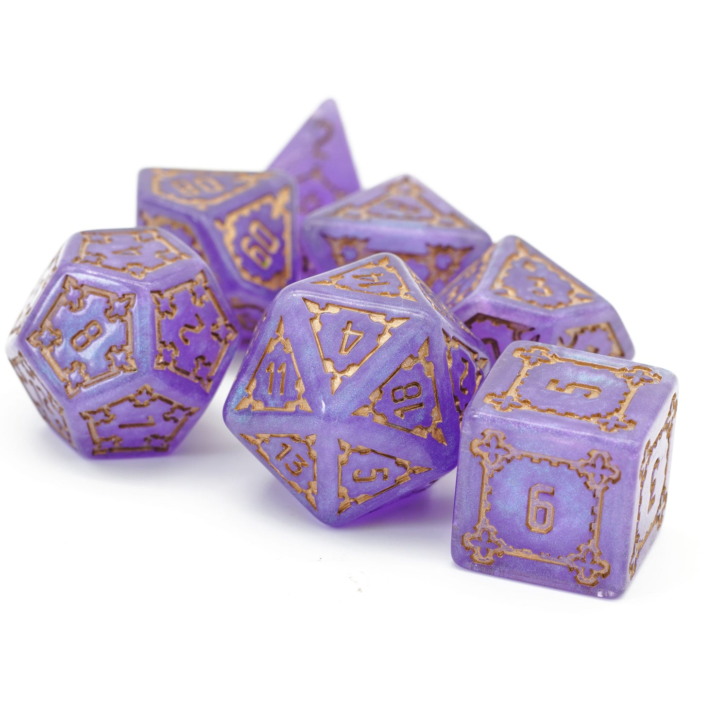 Violet elixir huge dice set on white background