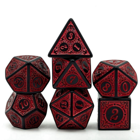 Full Runic Wonder red & black metal dice set with detailed rune engravings for DnD & DnD 5e