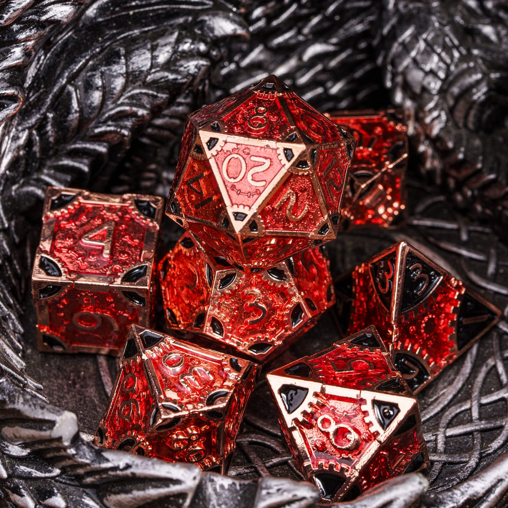 Red steampunk metal dice set