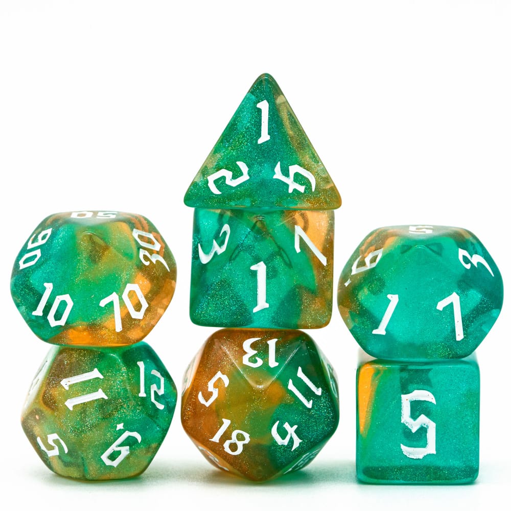 Orange and aquamarine starry dnd dice set