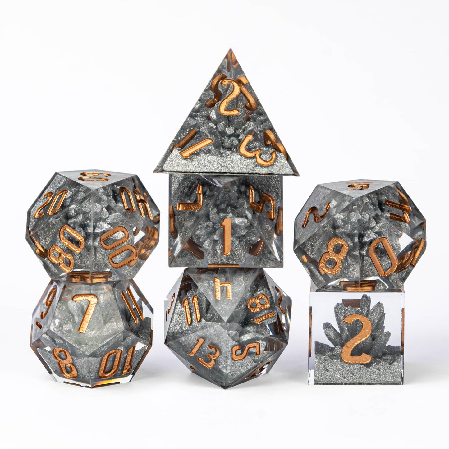 7 piece stacked dnd dice set crystal creation on white background