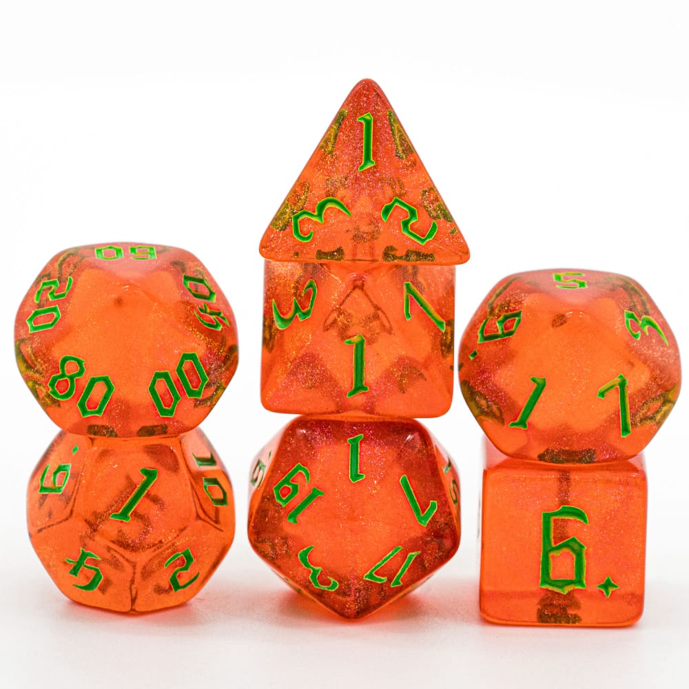 Sparkling orange dnd dice set with green numbers