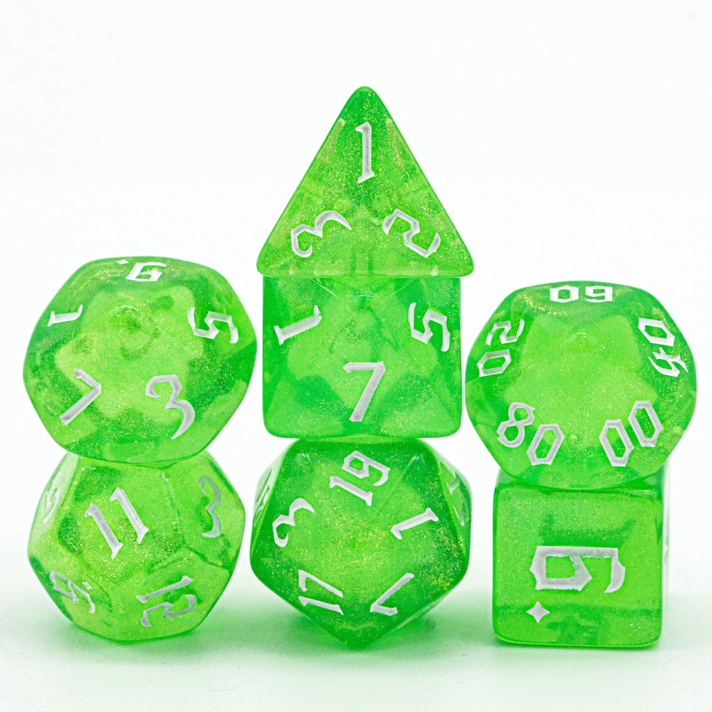 Bright green resin dnd dice set stacked with white background