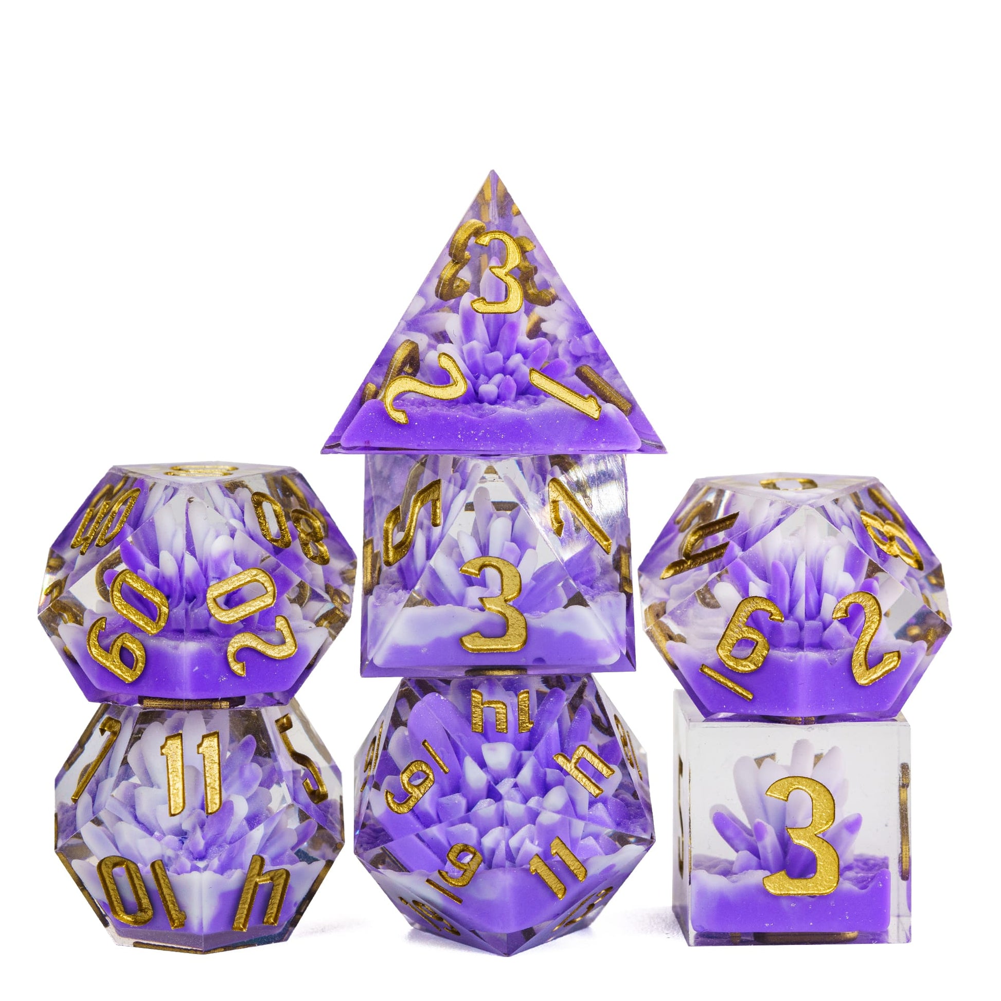 Purple 7 piece crystal creation dice set
