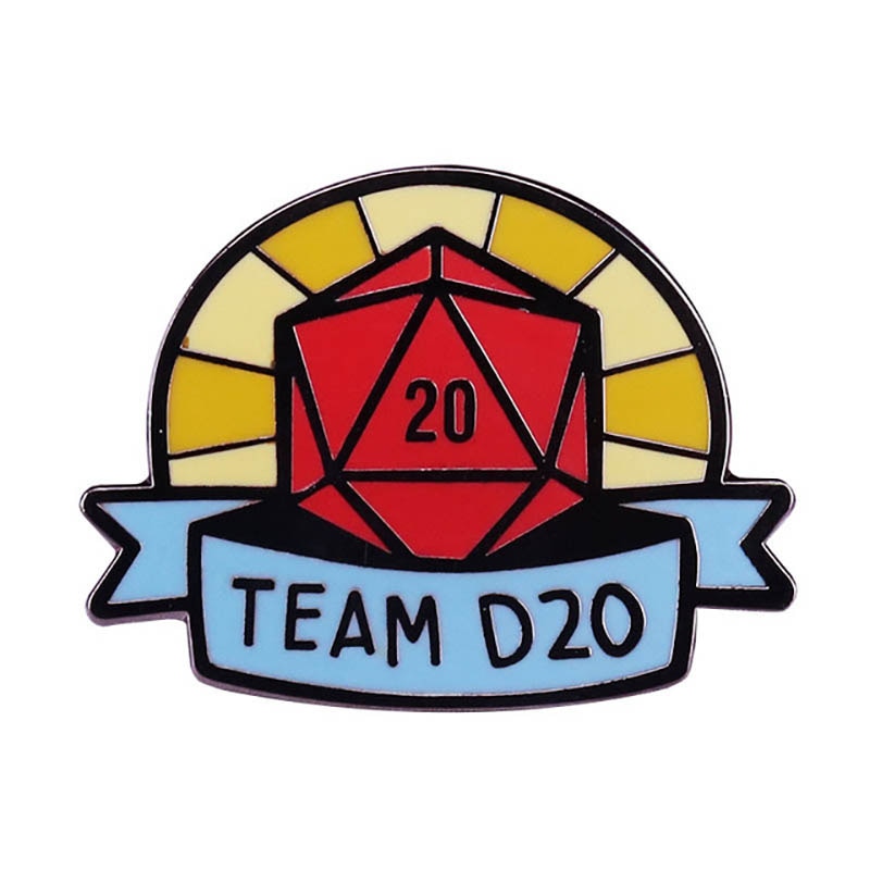 Team d20 pin with a d20 in front of a sun and a blue banner beneath