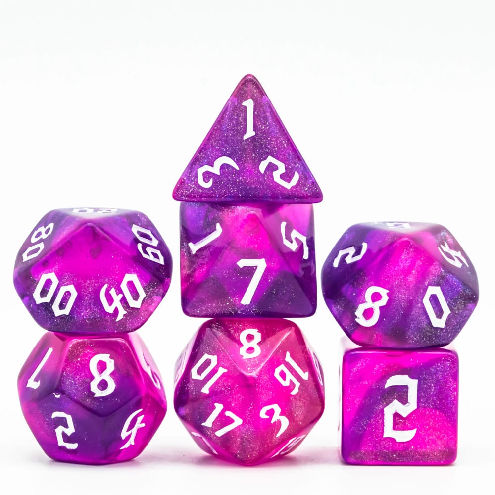 Multicolored starry purple and pink dnd dice set