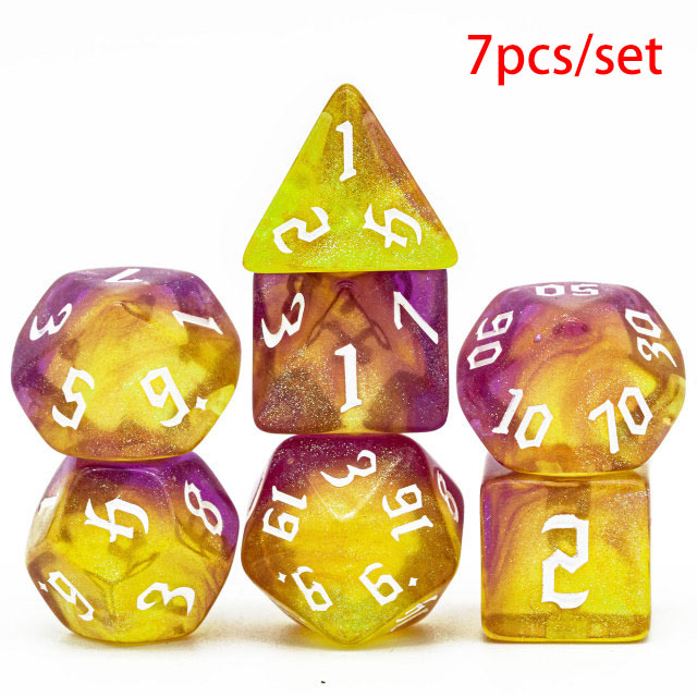 Multicolored purple and yellow dnd dice set