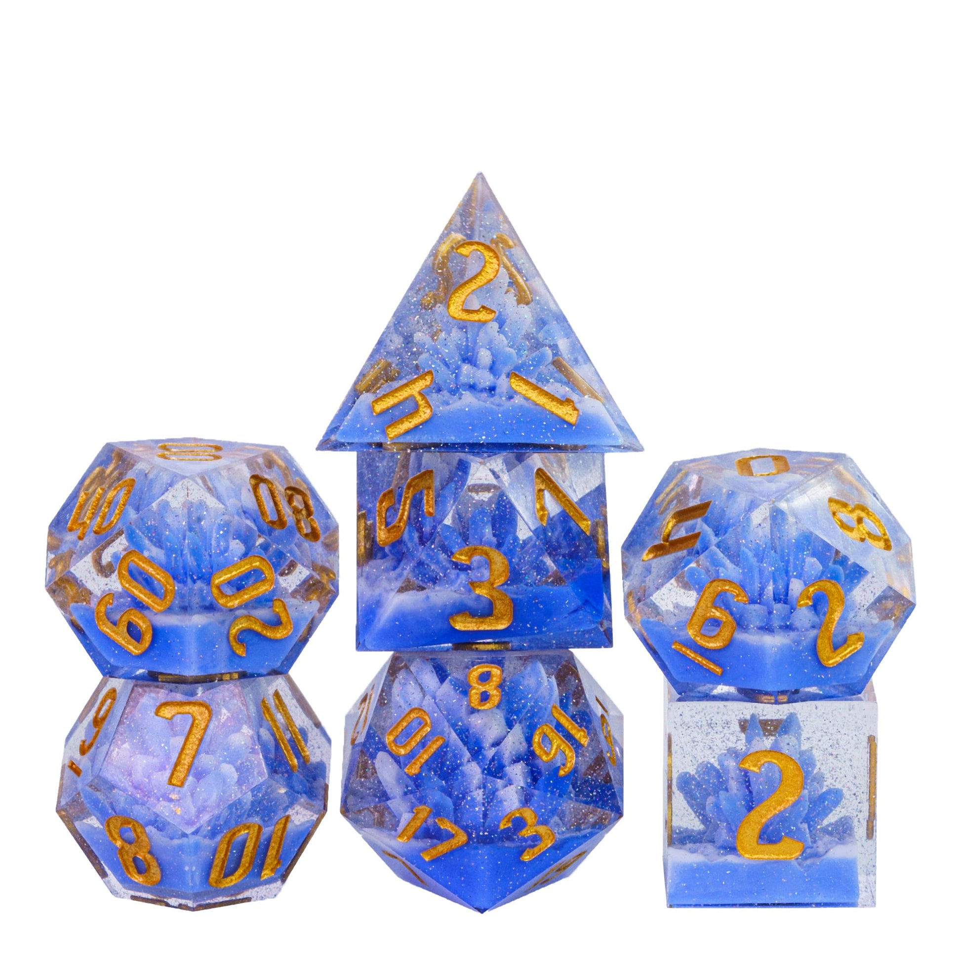 Blue crystal creation dnd dice set stacked on white background