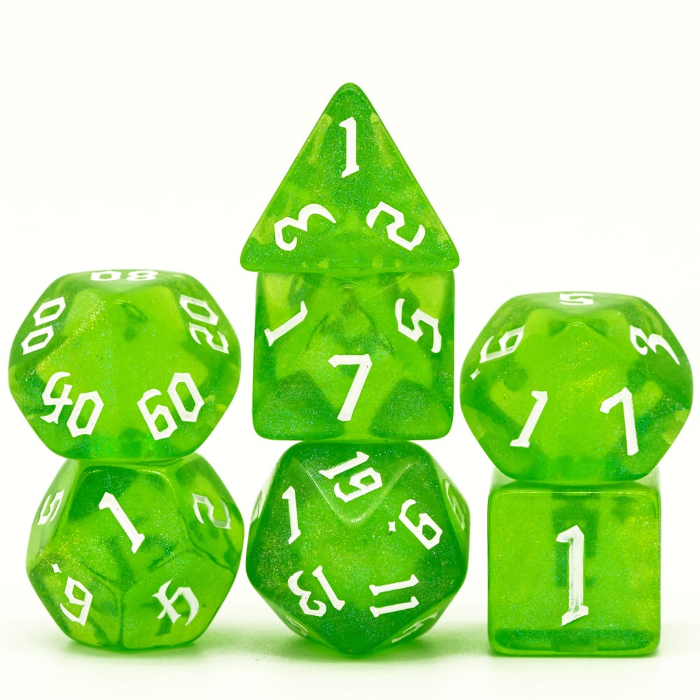 Bright green starry dnd dice set