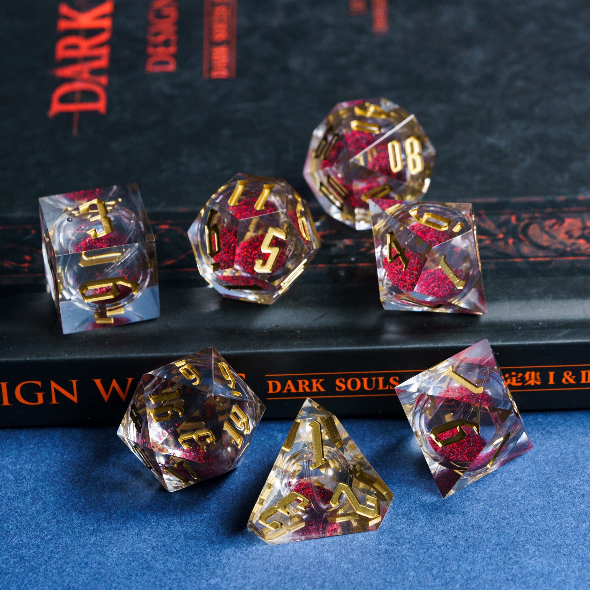 Clear quicksand dice set with red sand