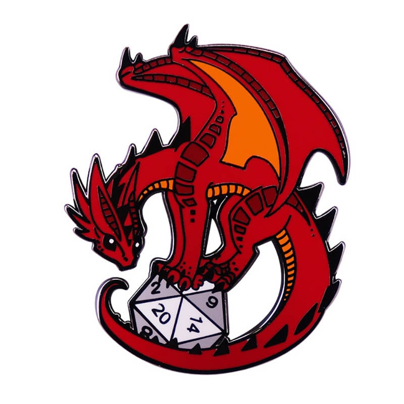Red dragon standing on d20