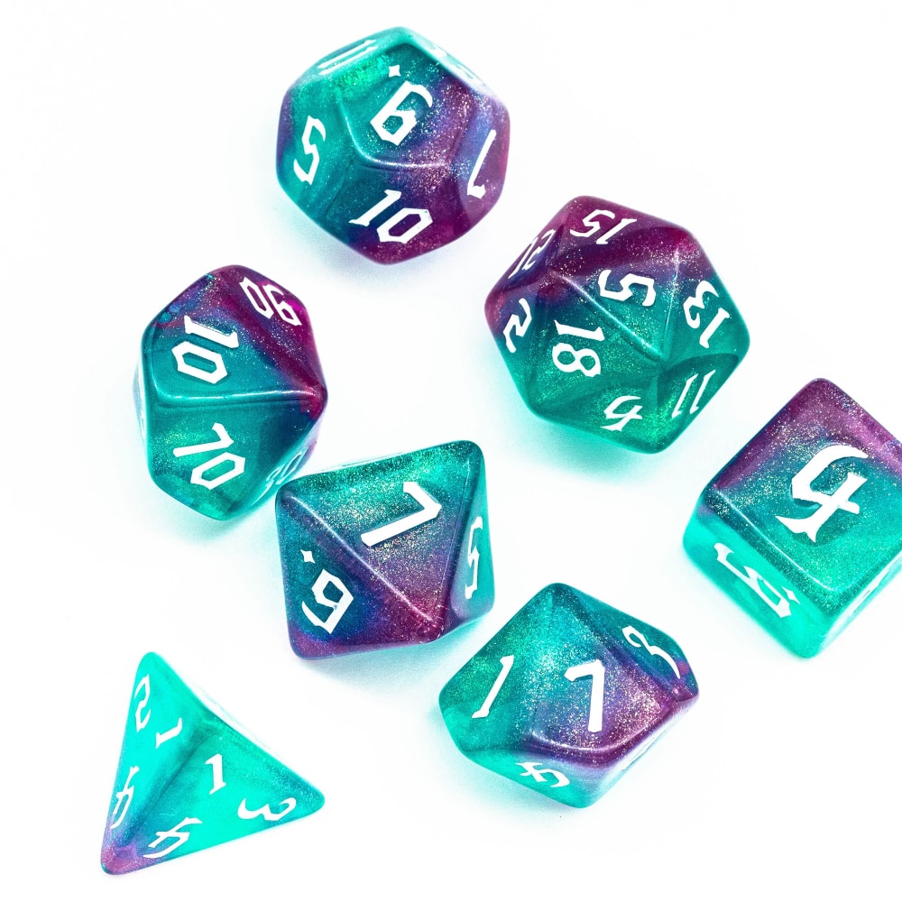 Purple and blue sparkling dnd dice set