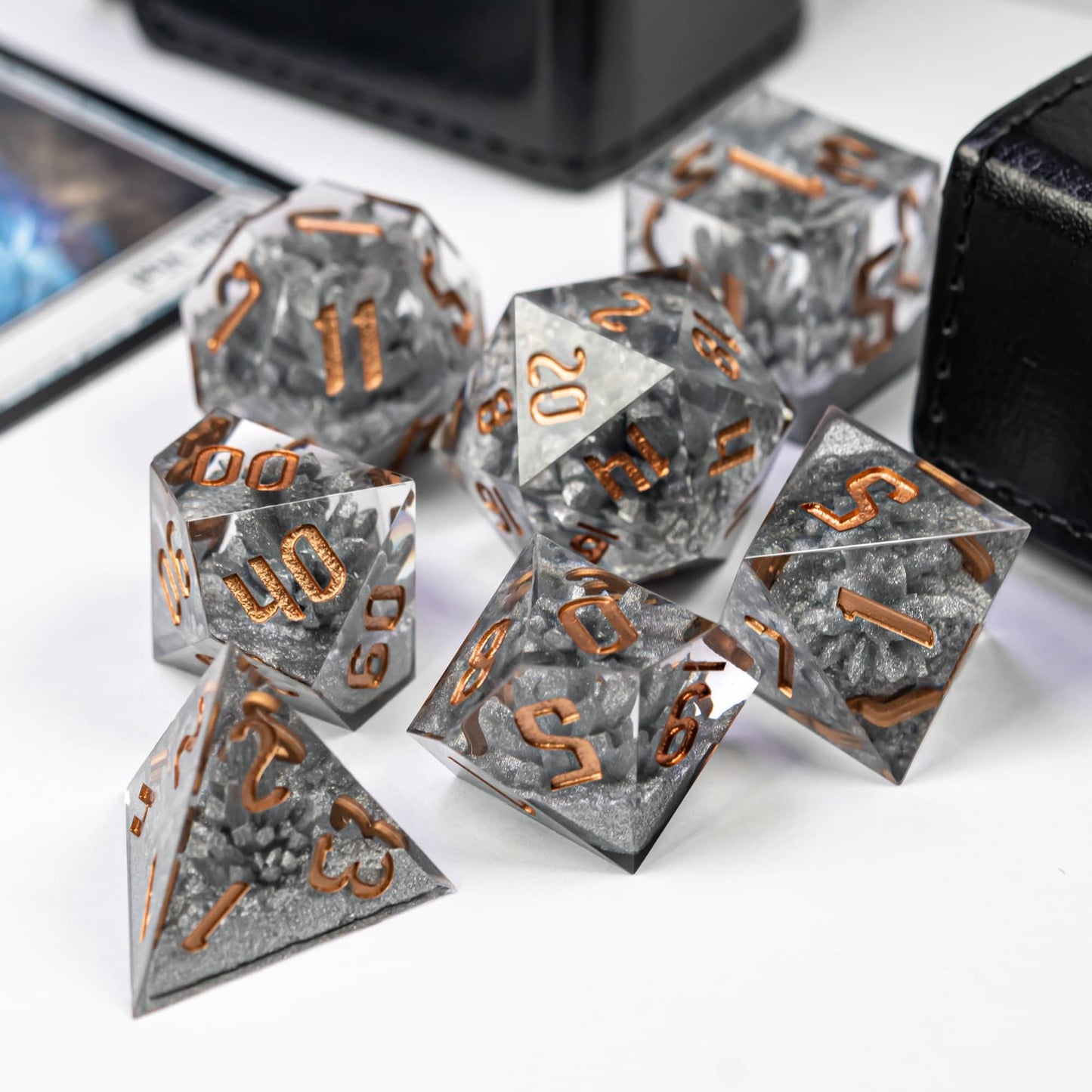 Copper numbered dark grey dnd dice set