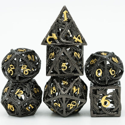 Ancient Sparkled Meteor hollow metal dice set for DnD & TTRPG, front view