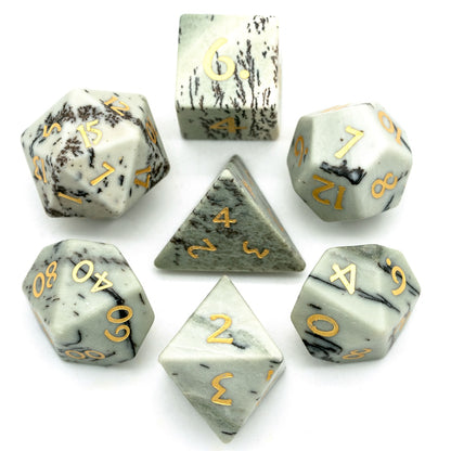 Birch Stonework stone dice set full polyhedral set with birch tree pattern and gold numbers for dnd