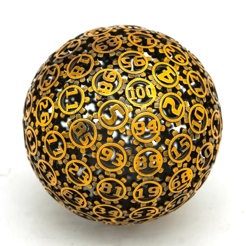 Bronze gear-themed D100 metal dice with intricate cutout numbering for tabletop RPGs and DnD