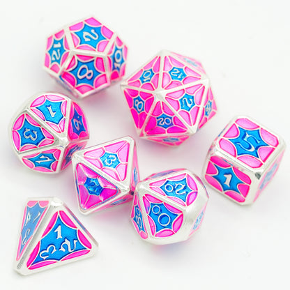 Top view of Bubblegum Chroma DND dice with vivid pink and blue enamel