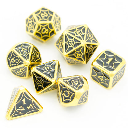 Top view Gold and black DND dice Charcoal Tint Chroma flatlay