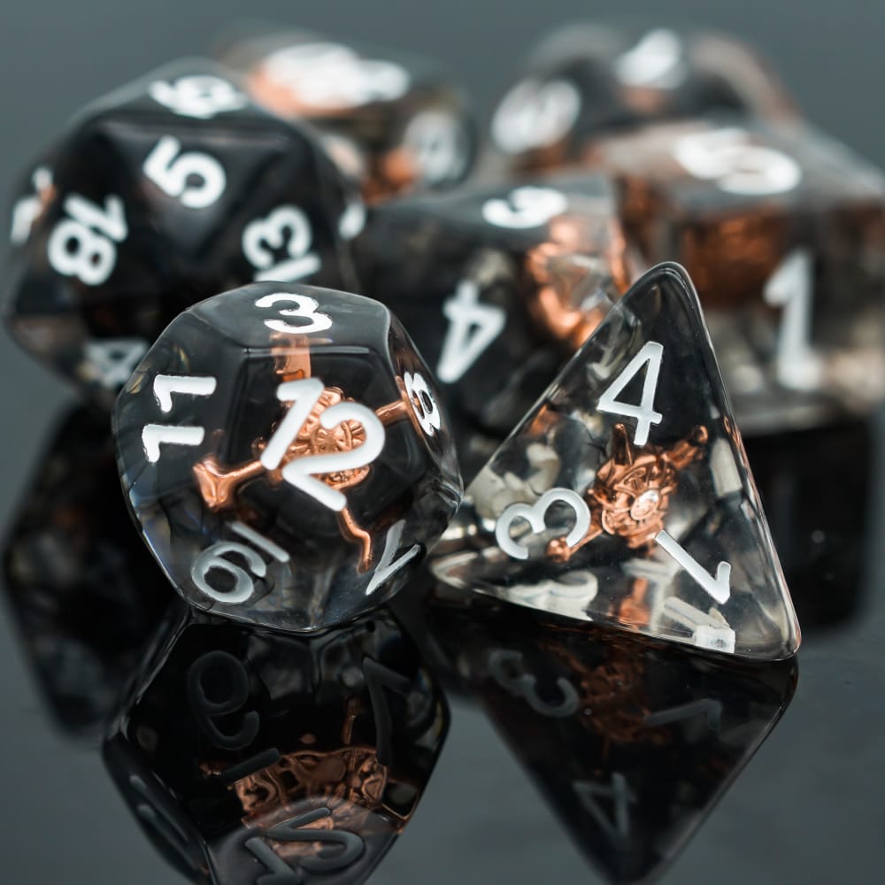 Class Weapons Fighter Shield Dice Set, resin 7 piece RPG dice with shield motif for DnD & DnD 5e
