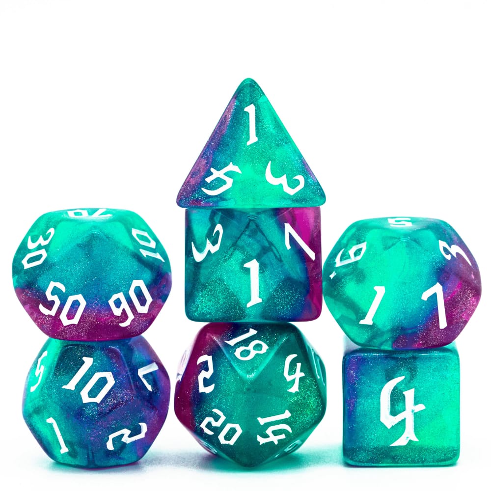 Color Splash dice set in rose red & blue resin with white numbers for DnD & DnD 5e