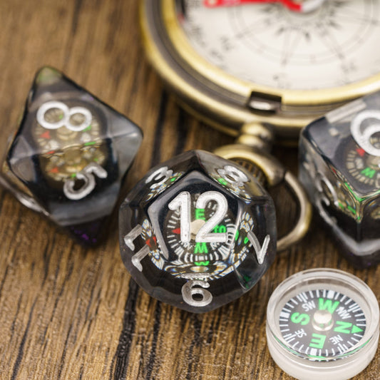 D20 Compass Core Dice, black resin with silver numbers and embedded compass for DND 5e players