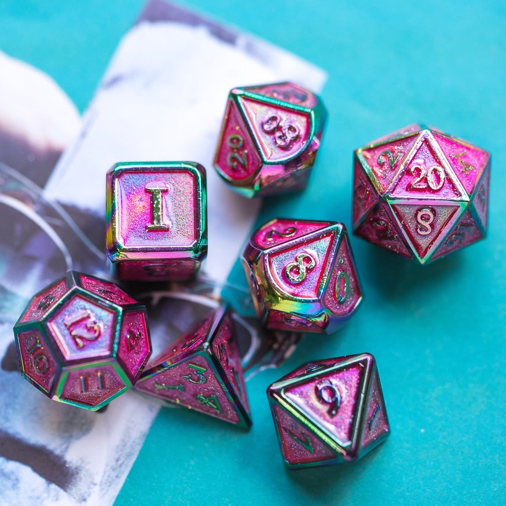 Full Coral Illusion Metal Dice Set with pink shimmer and rainbow metal edges
