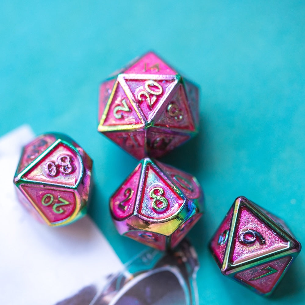Scattered Coral Illusion Metal Dice showing bright shimmer finish