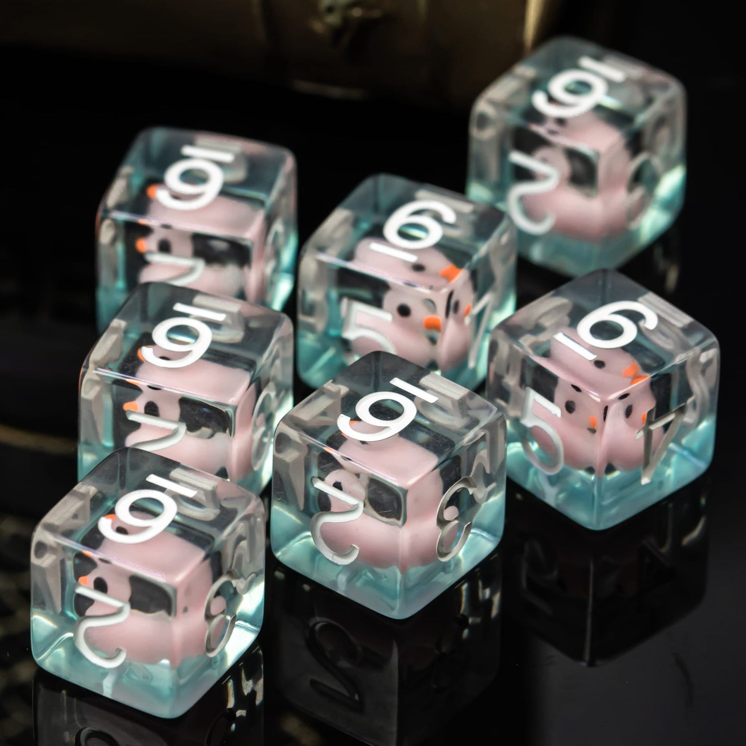 Multiple D6 Transparent Ducky dice with aqua clear resin & pink ducks for DnD & DnD 5e