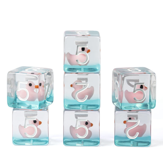 Stacked D6 Transparent Ducky dice with pink ducks on white background for DnD & DnD 5e