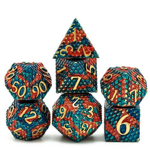 Orange & blue Dragon Scales Metal Dice Set, 7 piece textured dice for DND 5e players