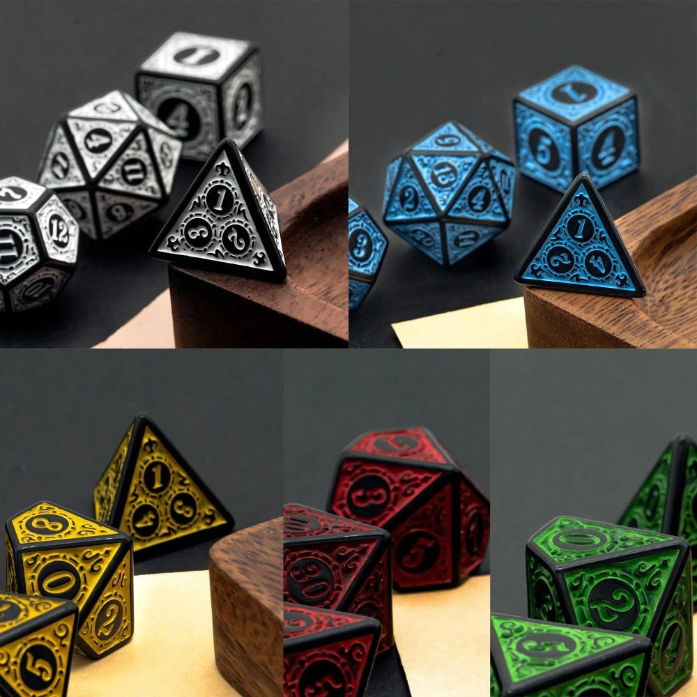 White, blue, yellow, red and green dice examples