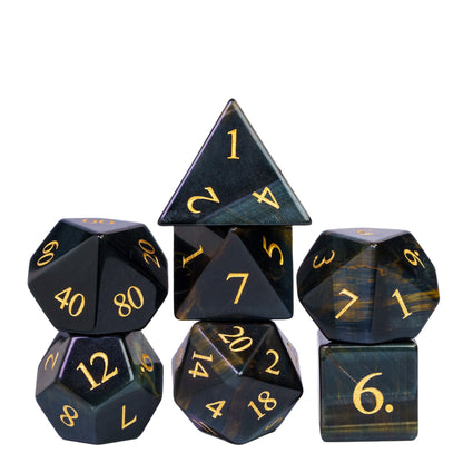 Dwarven Collectables blue tiger eye stone dice set for DnD & DnD 5e, polished RPG dice with gold numbers