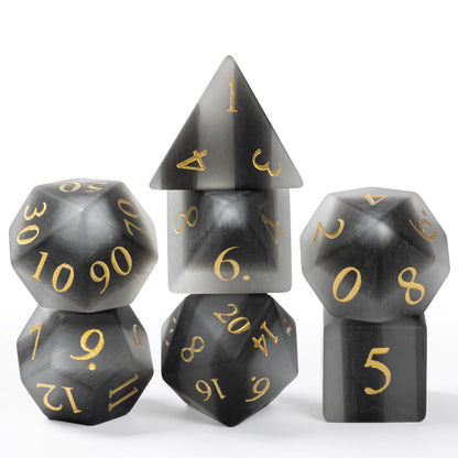 Dwarven Collectables frosted black white stone dice set for DnD & DnD 5e, premium RPG dice with gold numbers