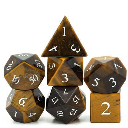 Dwarven Collectables tiger eye stone dice set for DnD & DnD 5e, polished RPG dice with white numbers