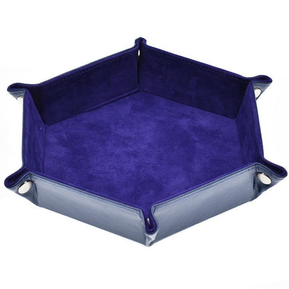 Hexagon Core dice tray with black exterior and dark blue suede interior