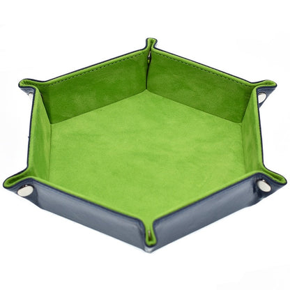 Hexagon Core dice tray with black exterior and green suede interior