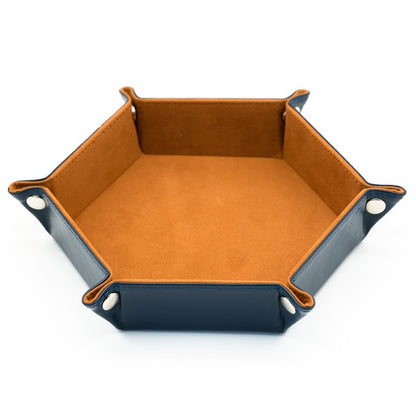 Hexagon Core dice tray with black exterior and orange suede interior