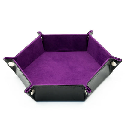 Hexagon Core dice tray with black exterior and purple suede interior