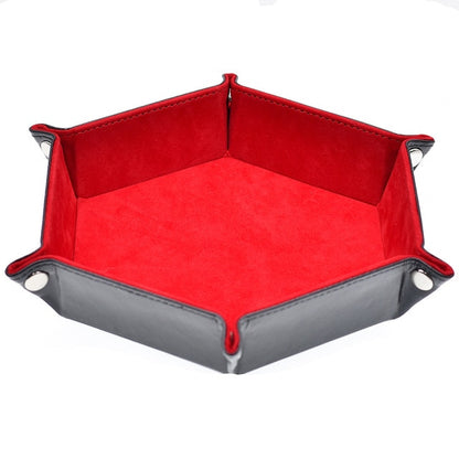 Hexagon Core dice tray with black exterior and red suede interior