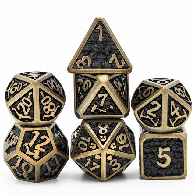 Kings Arsenal Gold Black Metal Dice Set, 7 piece tabletop dice for DnD & DnD 5e