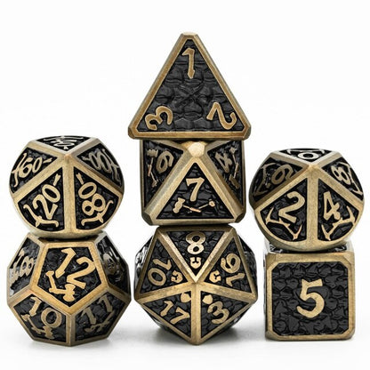 Kings Arsenal Gold Black Metal Dice Set, 7 piece tabletop dice for DnD & DnD 5e