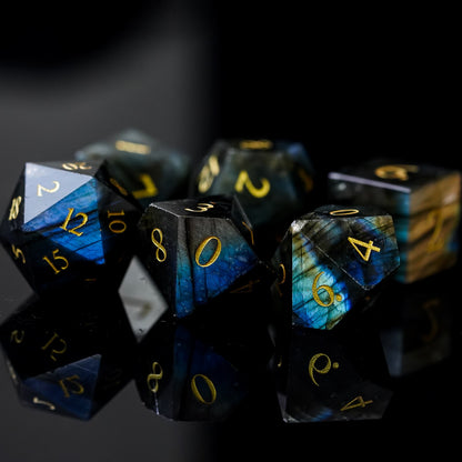 7 piece Labradorite Essence stone dice set, dark blue and black with gold numbering