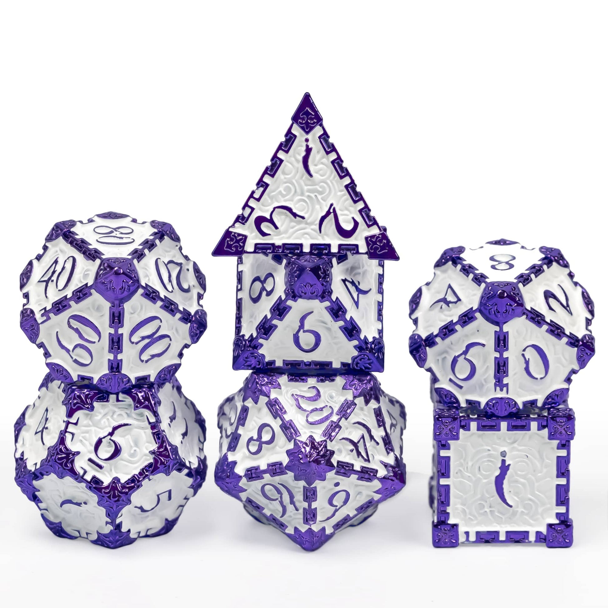 Lavender Blade metal dagger dice set for DnD & TTRPG, front view