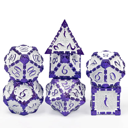 Lavender Blade metal dagger dice set for DnD & TTRPG, front view