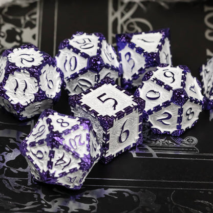 Lavender Blade metal dagger dice set for DnD & TTRPG, group display on black surface