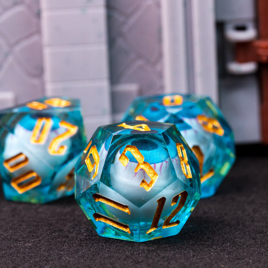 Blue Liquid Core Eyeball Dice Set with gold numbers, sharp edge D20 dice for DnD & DnD 5e