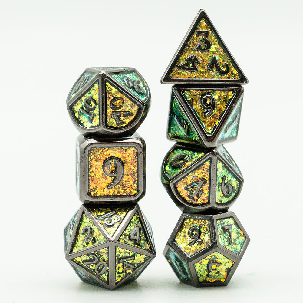 Group of Mossy Shimmer Metal Dice piled together highlighting metallic black edges and glittery green cores